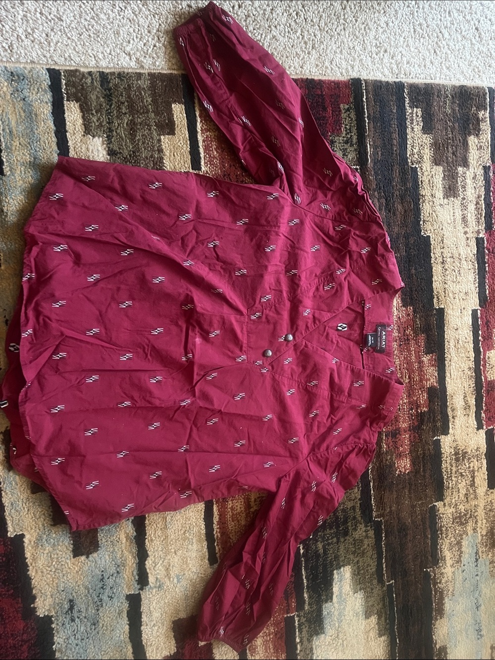 Ariat Chimayo Dobby‎ Peasant Blouse Womens M  Red Patterned V-Neck Boho Western